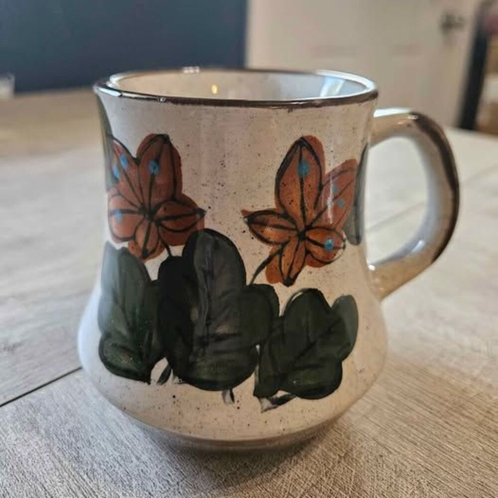 Vintage Speckled Stoneware Floral Mug - 70s Folk Art Pottery Cup